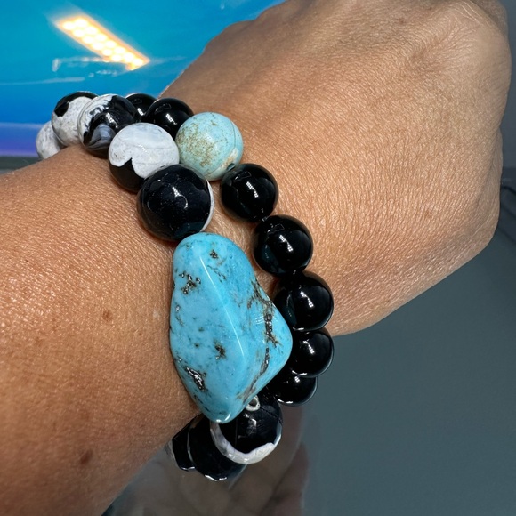 BLACK/WHITE AGATE + ONYX NATURAL BRACELET size 7”set of 2 - Picture 9 of 9